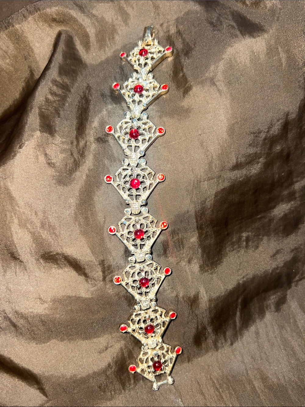 Sarah Coventry gold Filigree Bracelet with Red Gem Accents